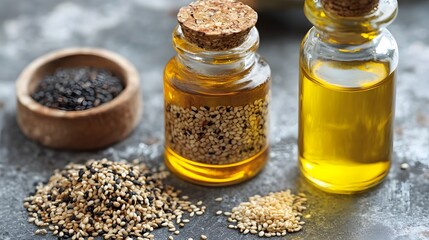 Artisan Sesame Oil Bottles with Seeds Close Up