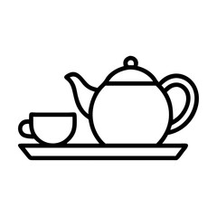 Teapot and cup on a tray in simple linear vector icon style  