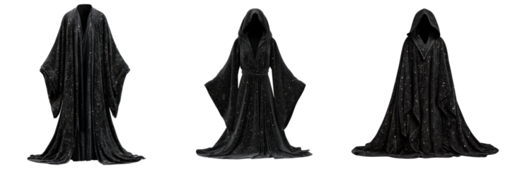 Elegant Black Cloaks with Stars and Hoods Isolated on a Transparent Background