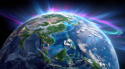 Fototapeta premium Earth From Space, Global Aurora, Climate Change Visualization.