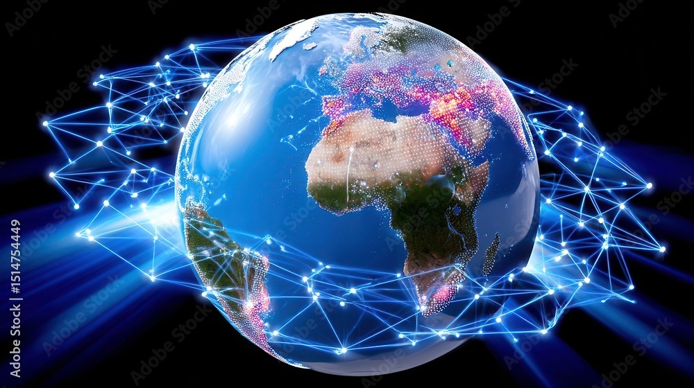 Sticker global network connection: earth globe with digital communication lines. technology and innovation c