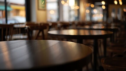 Empty wooden table in a cozy cafe setting