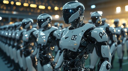 A powerful lineup of futuristic robot soldiers standing in perfect formation ready for action