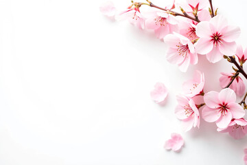 Flatlay of Cherry Blossom Branches and Scattered Petals on Soft Pastel Background, Capturing the Delicate Beauty, Romantic Mood, and Seasonal Elegance of Spring in a Clean and Minimal Overhead Composi