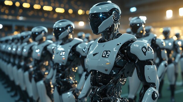 A powerful lineup of futuristic robot soldiers standing in perfect formation ready for action