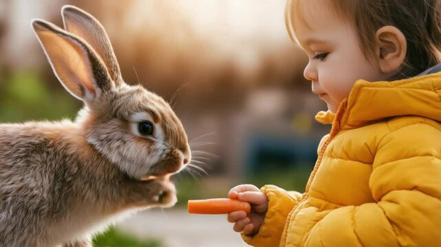 Child Feeding Rabbit: A cute child in a yellow coat offers a carrot to a fluffy bunny, creating a heartwarming scene of friendship and care.