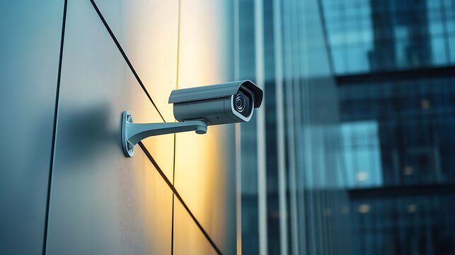 Security camera mounted on a modern building exterior provides surveillance and protection against crime in urban areas