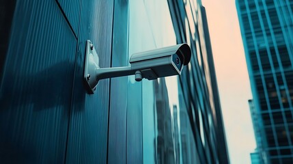 Modern surveillance camera mounted on a building exterior providing security in an urban environment with reflective architecture