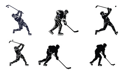 vector Silhouette of Hockey Players in Action Pose, A set of six black-and-white silhouette illustrations of ice hockey players in dynamic action poses. 