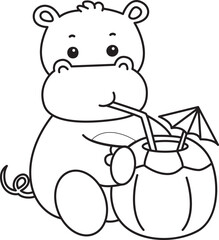 Outline of Cute hippo icon. Lineart of Funny baby hippo animal series stock illustration. life of fluffy hippo designs.