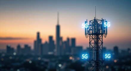 5g cellular tower with glowing blue antennas overlooking a city skyline. High speed wireless network for modern communication.