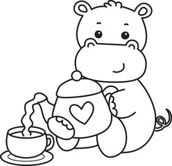 Outline of Cute hippo icon. Lineart of Funny baby hippo animal series stock illustration. life of fluffy hippo designs.