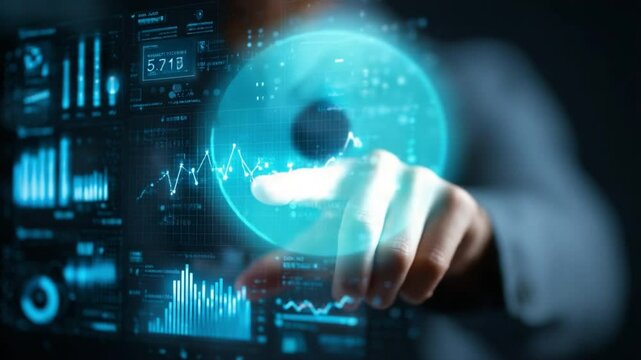 Data interaction: A person interacting with an abstract data visualization interface, pointing towards glowing display. An evocative portrayal of a future in data.