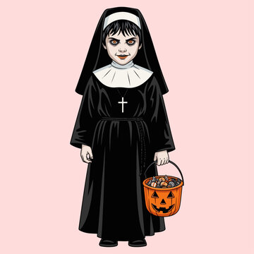 halloween vector illustration little girl cosplay cute ghost valak
