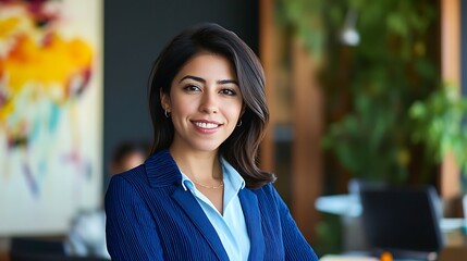 Portrait of a confident businesswoman smiling in a modern office setting showcasing professionalism and business acumen against a blurred backdrop