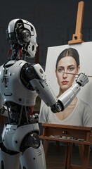 Naklejka premium 3D Robot Painting Portrait Of Woman With Brush On Canvas Indoors