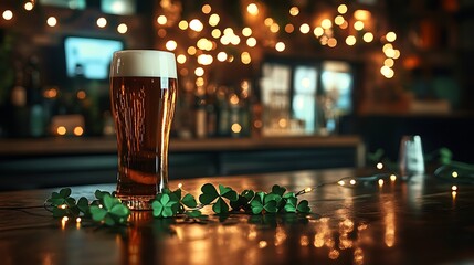 A pint of beer with shamrock decoration and bokeh lights on a wooden bar for st patricks day celebration