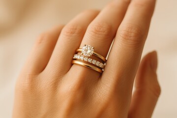 A close-up of an elegant woman’s hand wearing a stack of delicate rings, captured in soft romantic lighting.