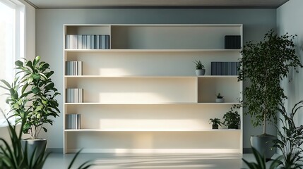 Minimalist interior design featuring empty bookshelves potted plants and natural light creating a serene and stylish modern room