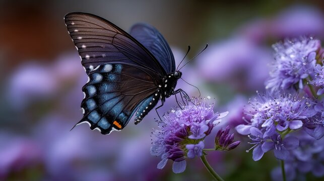 Black swallowtail butterfly gracefully feeding nectar from vibrant purple flower