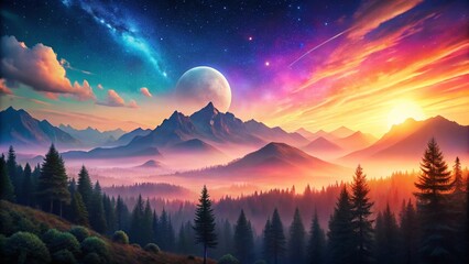 Winter sunset over snow-covered mountains with a colorful sky and morning fog in the valley