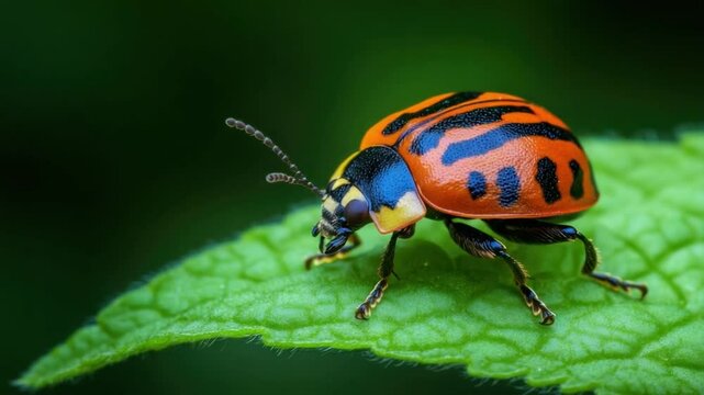 Striking Beetle on a Leaf: A close-up shot reveals a striking beetle with a vibrant, striped pattern crawling delicately on a lush green leaf.
