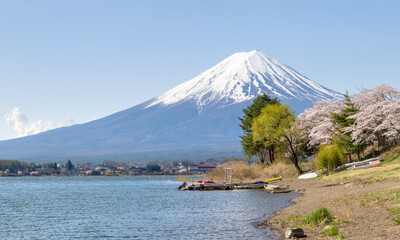Mount Fuji seen from the shores of Lake Kawaguchi, Kawaguchiko, Yamanashi Prefecture, Japan