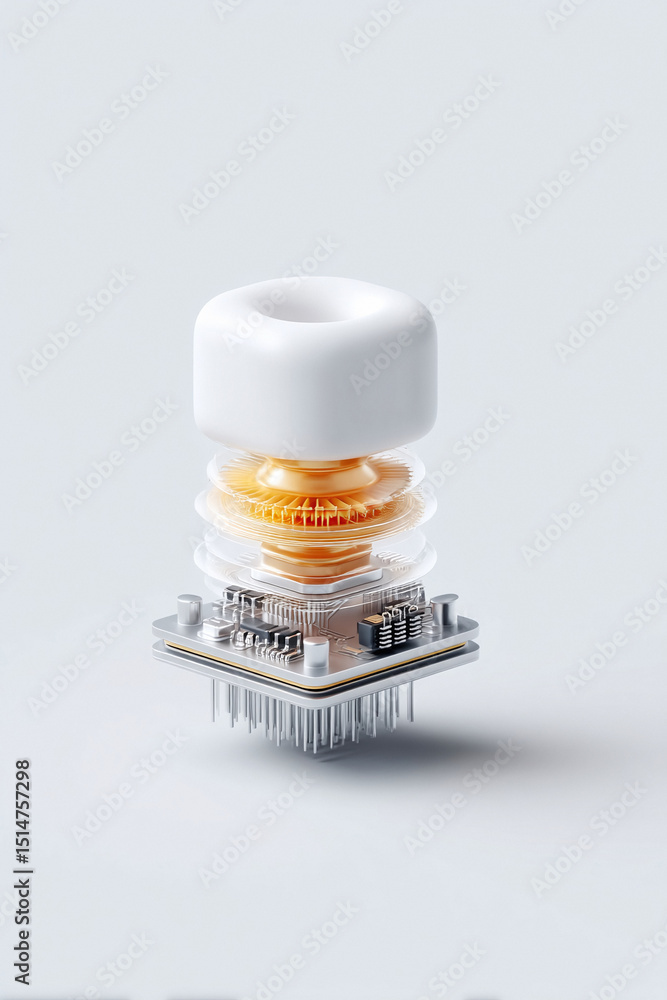Poster stylish 3d rendering of a futuristic processor, showcasing intricate internal components. the clean 