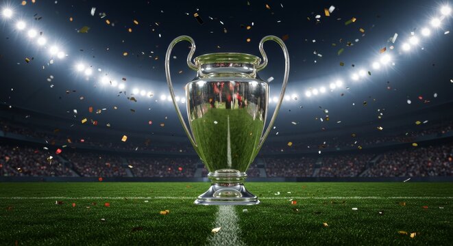 3D Rendered Trophy Shines on Soccer Field Amidst Stadium Lights