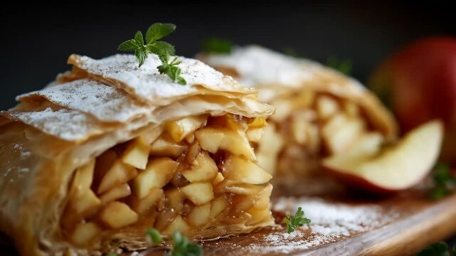 Two slices of delicate apple strudel with powdered sugar and fresh mint garnish, served on a wooden board next to a fresh apple
