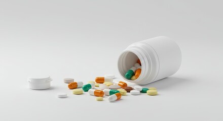 3d Render White Pill Bottle with spilled Medications Pharmaceutical