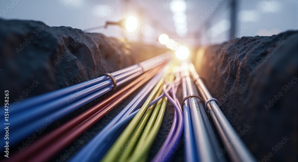 Poster illuminated network of cables and pipes in an underground tunnel. industrial infrastructure and data