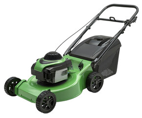 Green lawnmower, front view, isolated on black