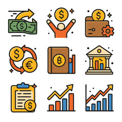 Colorful Finance Icons Set: Money, Banking, and Growth Charts