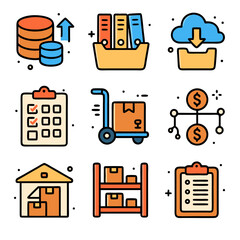 Colorful Flat Icons Depicting Warehouse, Logistics, and Supply Chain Management Processes