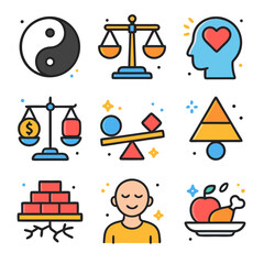 Colorful Icons Representing Balance, Harmony, and Wellbeing