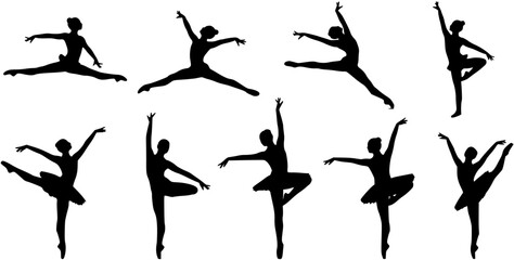 silhouette gymnast dancer, set of ballerina female flexible pose
