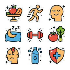 Colorful Icons Representing Healthy Lifestyle: Wellness, Fitness, Nutrition, and Immunity