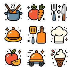 Colorful Flat Design Food Icons: Vegetables, Fruits, Utensils and Chef Hat