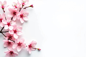 Fototapeta premium Flatlay of Cherry Blossom Branches and Scattered Petals on Soft Pastel Background, Capturing the Delicate Beauty, Romantic Mood, and Seasonal Elegance of Spring in a Clean and Minimalist