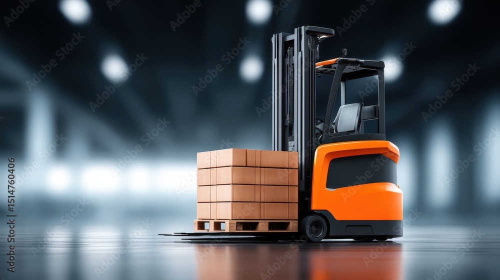 Poster forklift with pallet of boxes in warehouse setting for material handling and transportation tasks
