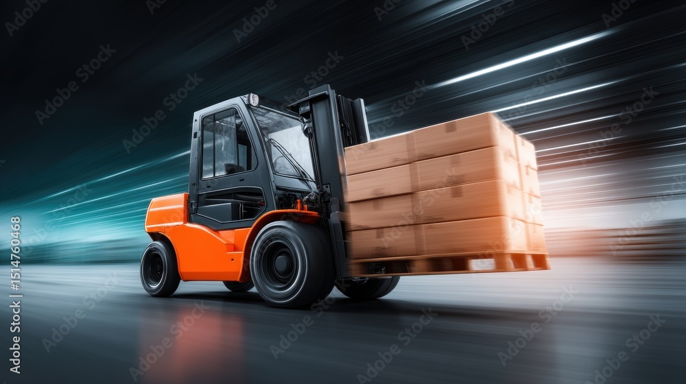 Poster Dynamic Forklift Moving Boxes in a Warehouse Environment with Motion Blur Effect