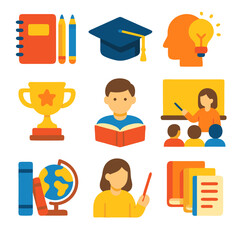 Colorful Flat Icons Set Illustrating Education Concepts