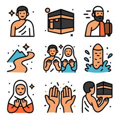Colorful Icons Depicting Islamic Pilgrimage Rituals and Traditions