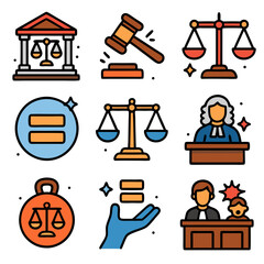 Colorful Law and Justice Icons Set: Gavel, Scales, Courthouse, Judge