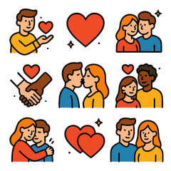 Diverse Couples Expressing Love and Affection Through Hugs, Kisses, and Shared Hearts