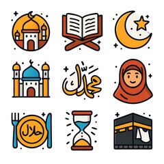 Colorful Islamic Icons: Mosque, Quran, Crescent Moon, and More