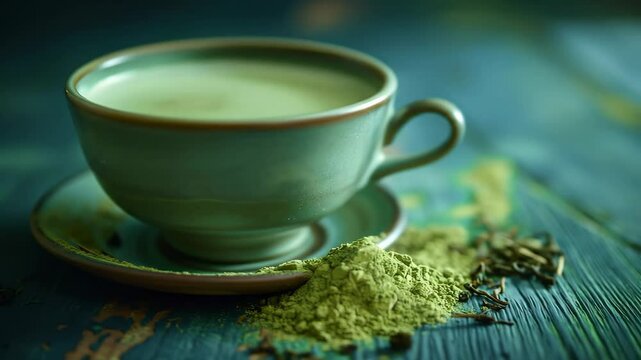 Green matcha tea in ceramic cup with powder and dry leaf on a rustic table. Healthy beverage concept for tranquil moments.