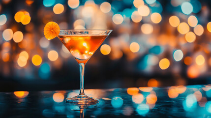 Photo of an orange cocktail in an elegant martini glass on the bar counter with a bokeh lights background.