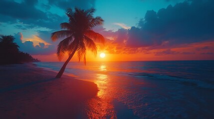 Paradise beach at dusk with purple clouds and ocean breeze.